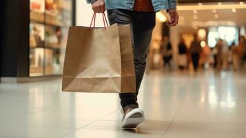 ai généré milieu section de une homme en marchant et achats sac en papier dans le centre commercial bokeh brouiller Contexte photo