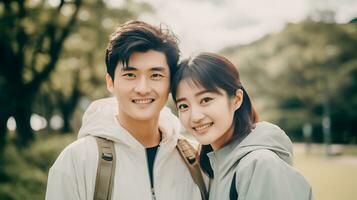 ai généré content et profiter Jeune asiatique couple permanent dans le la nature. couple dans l'amour ai généré photo