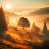 ai généré campagne paisible la nature paysage, brumeux tomber après midi avec d'or lumière de le soleil, brumeux tomber d'or heure Matin dans le village photo