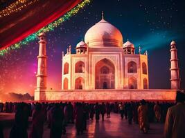 ai généré taj mahal à nuit avec feux d'artifice photo