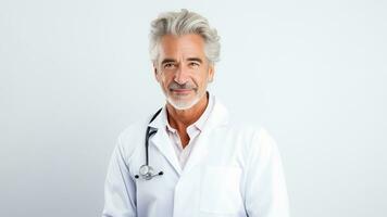 ai généré soins de santé, concept. portrait de Sénior Masculin médecin souriant, posant sur gris fond.ai généré photo