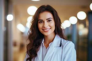 ai généré médical concept magnifique femelle médecin dans blanc manteau, stéthoscope, hôpital fond.ai généré photo