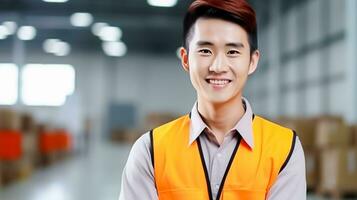 ai généré photo de Jeune asiatique ingénieur homme Beau souriant dans Orange gilet. usine ouvrier. ai généré