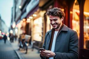 ai généré photo Beau homme en utilisant téléphone intelligent et souriant.ai généré