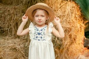 mignonne peu blond fille dans lumière robe avec broderie et paille chapeau permanent sur grenier à foin photo