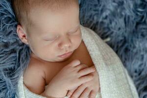 nouveau née bébé garçon dans lit. Nouveau née enfant en train de dormir en dessous de une blanc tricoté couverture. les enfants dormir. photo