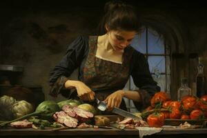 ai généré magnifique Jeune femme coupes des légumes dans le cuisine de le vieux château, une femme est en train de préparer une correct repas, ai généré photo