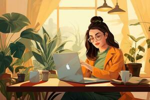 ai généré vecteur illustration de une Jeune femme travail sur une portable dans une café, une Jeune femme télétravail avec une portable à maison, ai généré photo