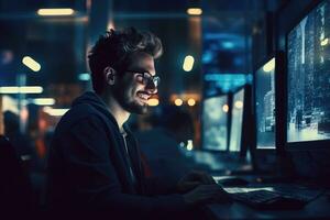 ai généré portrait de une Jeune homme travail sur ordinateur à nuit dans bureau, une portrait, homme, et sourire de une programmeur sur une ordinateur dans un Bureau lieu de travail à nuit, ai généré photo