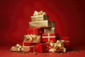 ai généré cadeau des boites sur rouge arrière-plan, Noël et Nouveau année concept, une pile de présente avec or arcs et arcs sur Haut de chaque autre, avec une rouge arrière-plan, ai généré photo