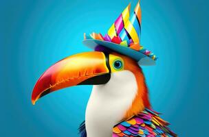 ai généré une coloré toucan portant une anniversaire chapeau photo