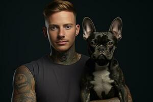 ai généré une homme avec tatouages montrant le sien chien photo