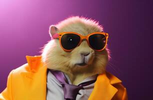 ai généré une hamster est portant une cuir veste et des lunettes de soleil photo