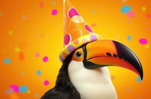 ai généré une toucan est portant une fête chapeau dans un Orange Contexte photo