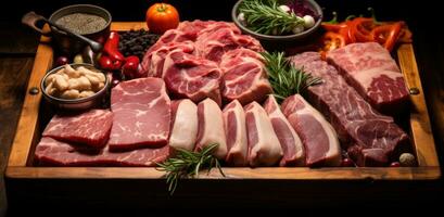 ai généré Viande et des légumes dans en bois plateau photo