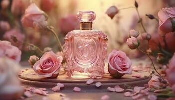 ai généré parfum bouteille avec rose des roses sur le sol photo