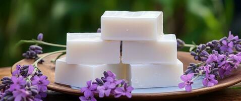 ai généré une empiler de blanc savon blocs arrangé sur une table avec violet fleurs photo