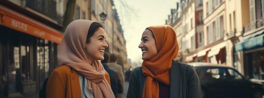 ai généré deux Dames dans hijab parlant à le foule photo