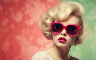 ai généré ancien blond femme portant chaud rose des lunettes de soleil ancien style photo