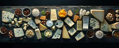ai généré variété de les fromages cette sont arrangé sur une plateau photo