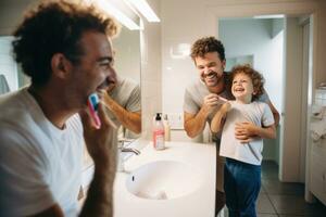 ai généré content père et fils brossage leur les dents dans le salle de bains à maison, une enfant, papa, et brossage les dents dans une famille Accueil salle de bains pour dentaire santé et bien-être dans une miroir, ai généré photo