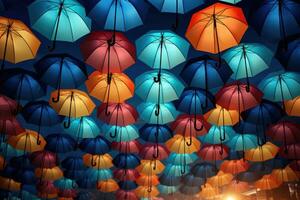 ai généré coloré parapluies dans le nuit ciel. 3d le rendu, une coloré tableau de parapluies sur une pluvieux jour, ai généré photo