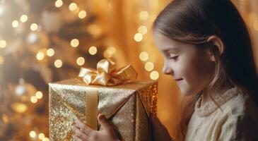 ai généré une enfant ouverture une or cadeau, par le Noël arbre photo