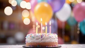 ai généré une anniversaire gâteau est affiché avec allumé bougies sur Haut photo