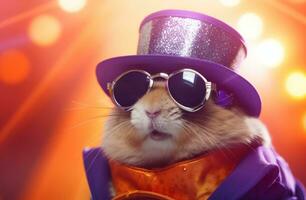 ai généré hamster dans des lunettes de soleil, costume, et une chapeau photo