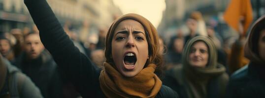 ai généré islamique manifestant des cris slogans dans de face de foule sur le rue photo