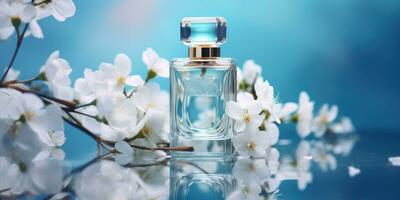 ai généré délicat Sakura fleurs sur le bouteille de parfum photo