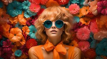 ai généré une Jeune femme portant des lunettes de soleil sur Haut de fleurs photo