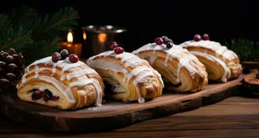 ai généré Noël Gin parfumé des pâtisseries rouleau avec pin cônes et Noël ornements photo