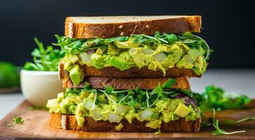 ai généré empilés végétarien salade sandwich sur une planche photo