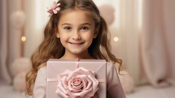 ai généré minuscule fille détient une rose cadeau boîte avec rose des roses photo