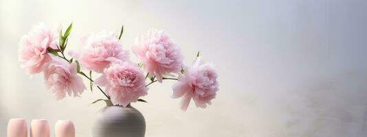 ai généré une vase contenant rose pivoines suivant à une blanc Contexte photo