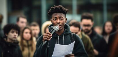 ai généré une très Jeune noir homme sur une journal et microphone, photo