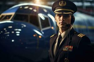 ai généré portrait de une Jeune pilote dans une militaire uniforme à le aéroport, un avion pilote à le aéroport, ai généré photo