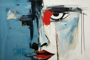 ai généré abstrait pétrole La peinture de une femme visage dans rouge et bleu, abstrait expressionnisme représentation de une affronter, ai généré photo