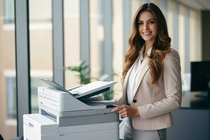 ai généré Bureau ouvrier impressions papier sur multifonction laser imprimante. document et formalités administratives concept. secrétaire travail. souriant femme travail dans affaires bureau. copie, imprimer, analyse, et fax machine. photo