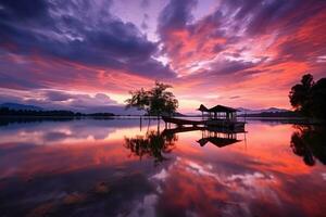 ai généré magnifique le coucher du soleil à le Lac avec réflexion dans le eau, Thaïlande, magnifique le coucher du soleil à le Lac dans Thaïlande, capturé par une longue exposition tir, ai généré photo