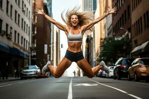 ai généré magnifique sportif femme sauter sur le rue dans Nouveau york ville, une aptitude fille sauter sur le rue avec bras étiré dehors, affichage détaillé muscles, ai généré photo