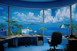 ai généré contemporain Bureau intérieur avec panoramique vue de le mer et îles, une ordinateur pièce des offres une vue de le mer, îles, et le ciel, ai généré photo