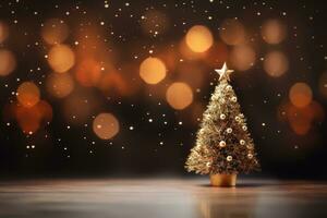 ai généré d'or Noël arbre sur bokeh Contexte. Noël et Nouveau année concept, une Noël et Nouveau année Contexte Caractéristiques une Noël arbre et bokeh lumières, ai généré photo