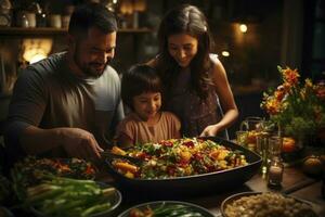 ai généré thaïlandais famille préparer leur repas dans une bol de salade thaïlandais aliments. génératif ai photo