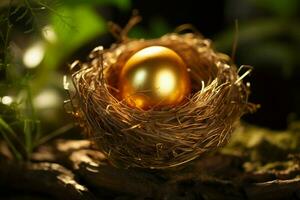 ai généré natures merveille d'or Oeuf brille magnifiquement dans le oiseau nid photo