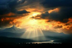 ai généré majestueux éclairage lumière du soleil perce nuage, création une Montagne spectacle photo