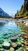 ai généré Montagne Lac avec clair l'eau et enneigé pics dans le Contexte. photo