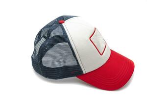 une marine bleu, rouge, blanc base-ball casquette, isolé sur blanc Contexte. photo