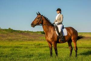 Jeune femme équitation une cheval sur le vert champ photo